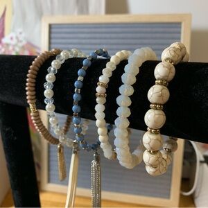 Boho Beaded Bracelet Set - Gold, Blue, White with Tassels